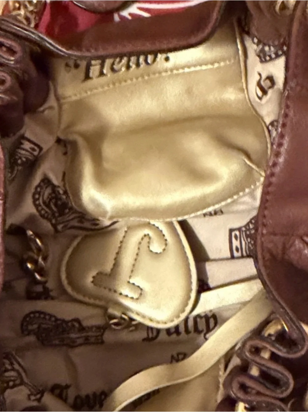 Vintage Juicy Couture 100% Cow Hide Brown Leather Shoulder Bag with Heart Char